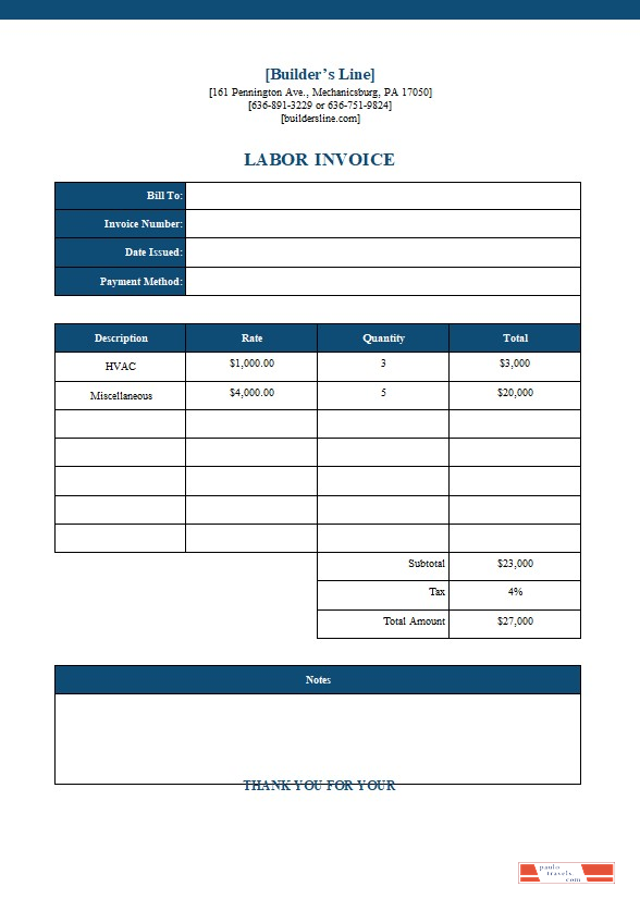 Free Labor Invoice template PSD template